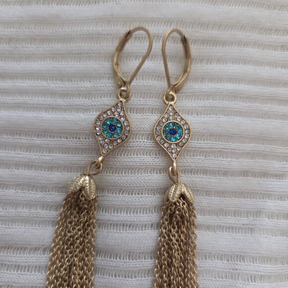 Rhinestone Evil Eye Tassel Earrings Matte Gold Tone Chains Leverback Dangle 3” - Picture 2 of 4